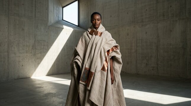 Woman in Minimalist Fashion Neutral Tones Studio Portrait