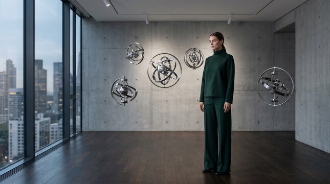 Woman in Green Turtleneck Standing in Modern Gallery Space