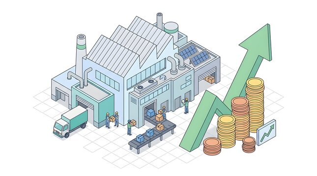 This image features a substantial industrial factory structure juxtaposed with a prominent growth arrow illustrating themes of economic expansion successful business development