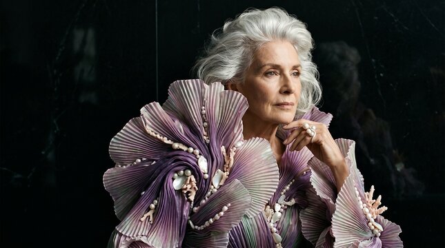 Elegant Older Woman in Purple Pleated Fashion Garment