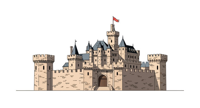 Medieval stone castle with towers and fortress gate
