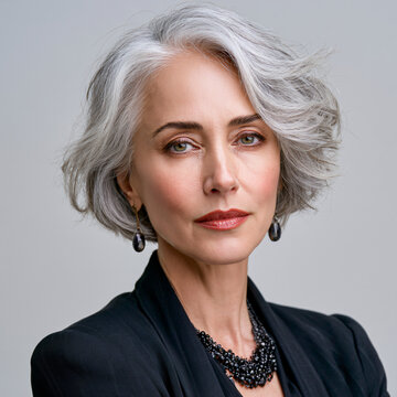 successful businesswoman age 50 with restored healthy hair, confidence and professional elegance concept