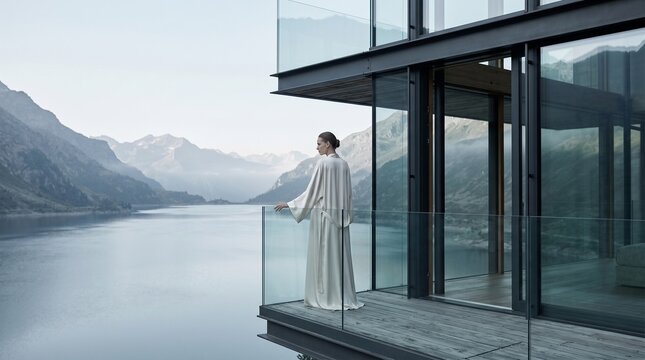 Woman in White Robe Contemplating Mountain Lake View
