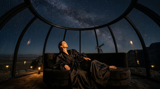 Woman Stargazing Through Glass Dome Observatory at Night