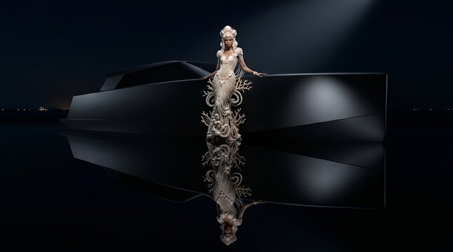 Ethereal Woman in Ornate Gown with Surreal Architectural Setting