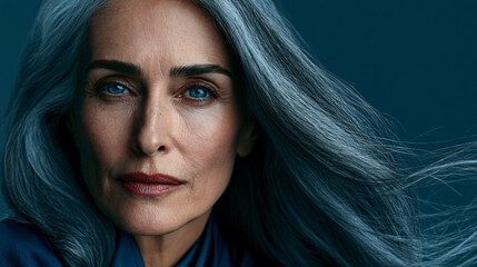 global beauty brand advertising campaign, mature woman age 50 with exceptionally healthy thick shiny hair © syaifuddin