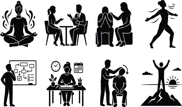 Set of scientific expedition and exploration silhouettes featuring research scientists field work mountain climbing cartography mapping and lab analysis vectors.eps,