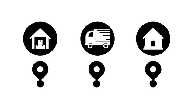 Order Tracking Animation with Warehouse Delivery Truck and Home Location Pin Icons Vector Motion Graphic