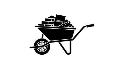 Wheelbarrow loaded with construction materials including bricks and cement bags stands ready for use. © Fian