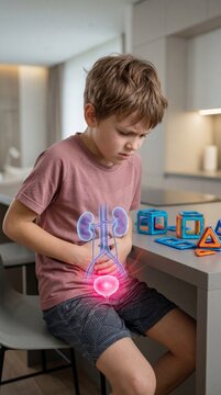 Child suffering from bladder pain and abdominal ache. Boy holding stomach with visualized urinary system projection. Medical health diagnostic concept for pediatric urology and disease.