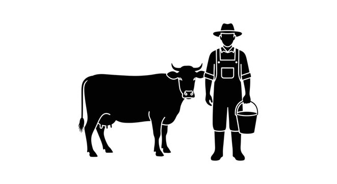 Farmer stands beside a dairy cow while holding a milk bucket in this pastoral farm scene.