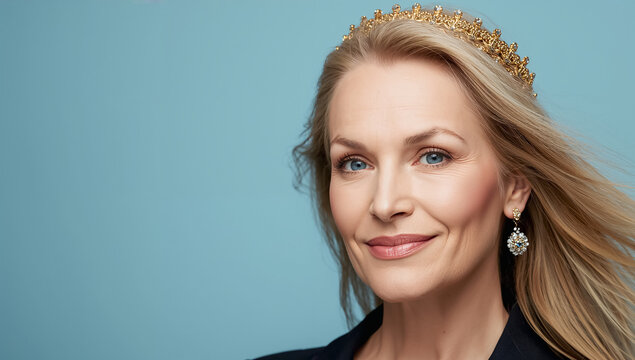 beautiful positive aging woman with a golden crown on her head