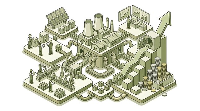 A modern factory structure stands as the foundation for a conceptual representation of business expansion