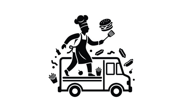 Professional chef cooking gourmet meals inside a food truck while flying fast food items surround the mobile kitchen, showcasing culinary skill.