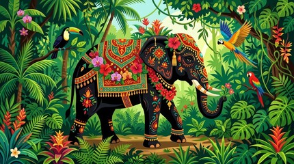 Obraz premium Colorful Elephant Surrounded by Lush Jungle Flora and Fauna