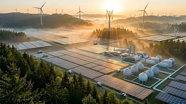 This image depicts a sustainable future where large scale solar energy gene n seamlessly combines with agricultural fields and natural environments