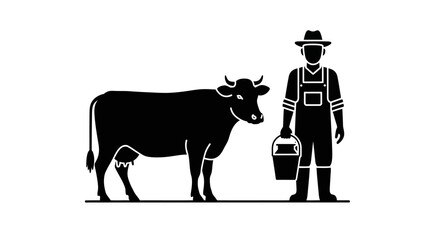 Farmer stands next to a dairy cow while holding a metal bucket for morning milking duties. © Fian