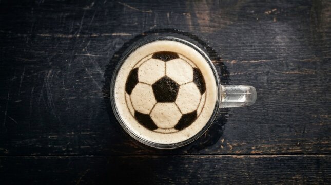 コーヒーカップにサッカーボールのラテアートが施されたトップビュー写真