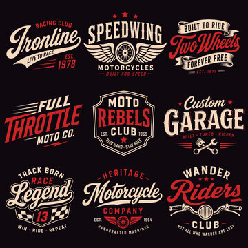 A collection of nine vintage-style motorcycle club and racing emblems featuring classic typography, wings, wheels, and racing motifs on a dark background.