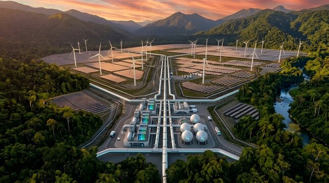 This scene depicts an expansive view of a modern futuristic hydrogen power station seamlessly integrated with a large solar energy farm under an open sky highlighting the transition to clean