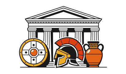 Obraz premium Greek helmet, shield and amphora displayed before temple facade