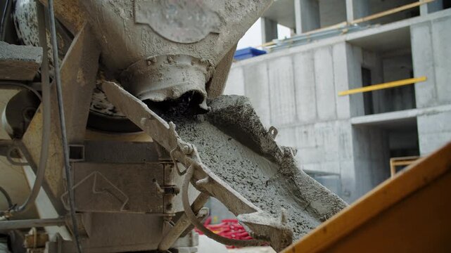 Wet concrete flowing from mixer chute into hopper