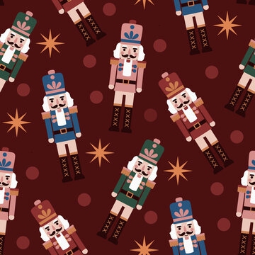 Christmas nutcracker seamless pattern with traditional holiday soldier characters and stars on dark brown background for wrapping paper and textile surface design