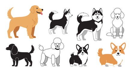 Fototapeta premium Collection of diverse dog breeds in cartoon style.