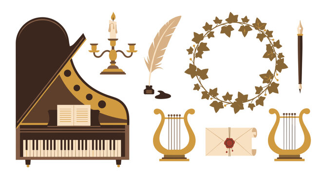 Vintage music instruments and symbols.