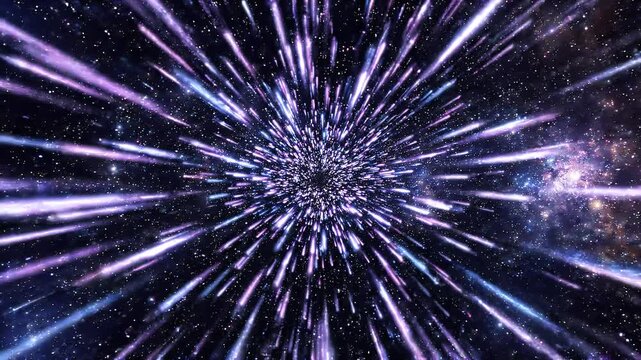 Futuristic hyperspace particles stretching like stars in warp speed fast motion deep space feel seamless loop abstract tunnel background with glowing neon blue violet lines