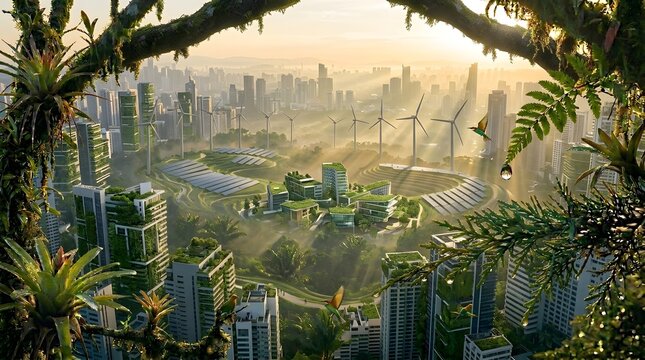 This image illustrates the concept of urban sustainability highlighting a large public park ecosystem integrated within a dense metropolitan area