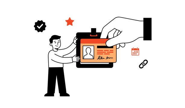 Person receiving id card from large hand over orange arc