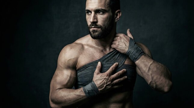 筋肉質な男性が肩に包帯を巻いているポートレート写真