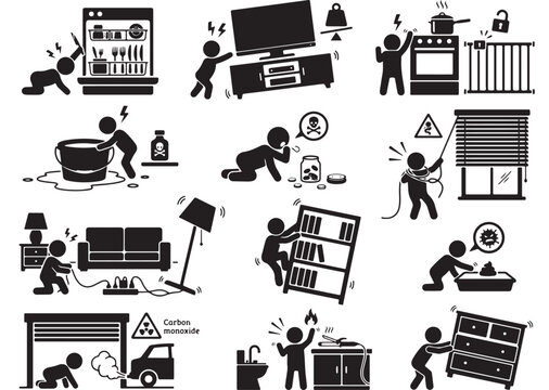 Child safety home hazards icon set, baby proofing and domestic accident prevention symbols, toddler danger warning signs in black vector