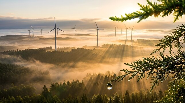 Giant wind turbines are prominently visible rising above a thick layer of fog in a sprawling lush forest setting overlooking majestic rolling hills and mountains at dawn