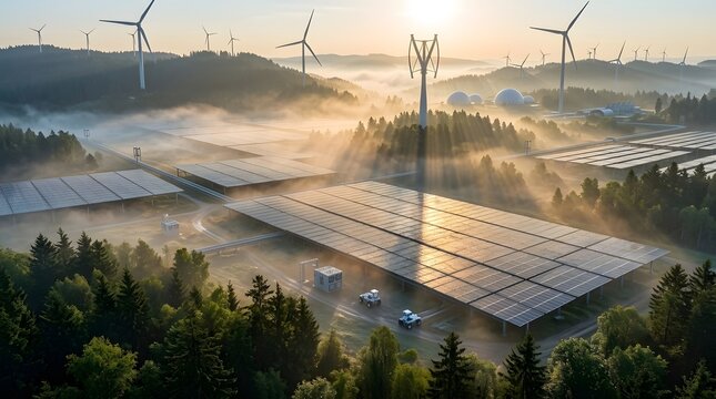 Powerful wind turbines ascend above a rural landscape during the early morning partially obscured by soft rising mist and atmospheric fog
