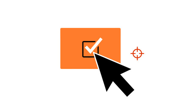 Mouse cursor clicking check box on orange button with icons