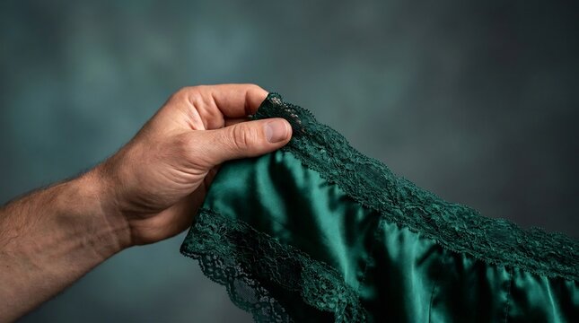 緑のサテン生地のレースを優しく掴む男性の手