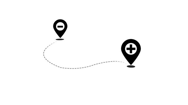 Two black location pins connected by a dashed line on a white background one with a minus sign one with a plus sign