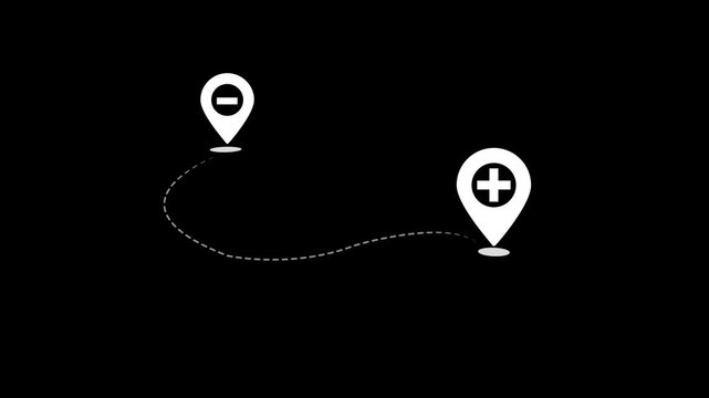 Two white location pins connected by a dashed line on a black background one with a minus sign one with a plus sign