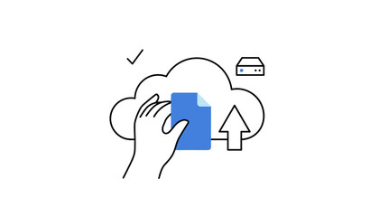 Fototapeta premium Hand uploading file to cloud storage with server icon