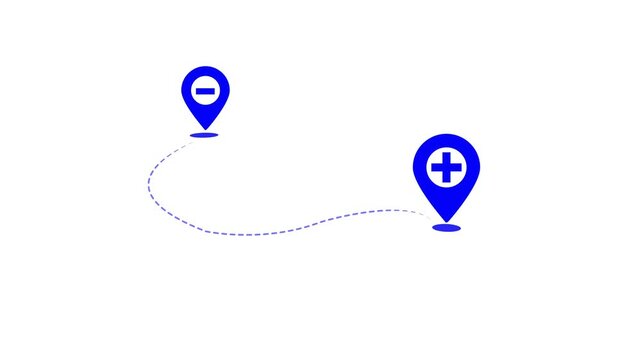 Two blue location pins connected by a dashed line on a white background one with a minus sign one with a plus sign