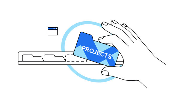 Hand placing projects card into folder bar on digital interface