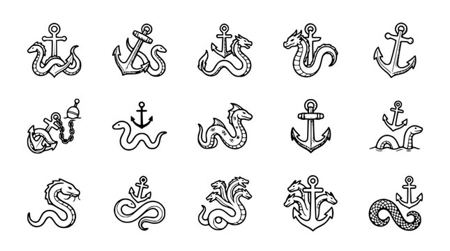 Nautical Icons: Anchors, Sea Monsters, and Snakes - Hand-Drawn Sketch Style
