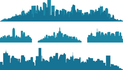 Obraz premium Teal city skyline silhouette collection featuring diverse urban architectural profiles with skyscrapers, domes, towers, and landmarks