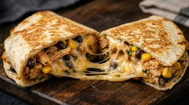 A hot grilled chicken quesadilla cut in half on a dark plate, stuffed with shredded meat, sweet corn, black beans, and lots of stringy melted cheese.