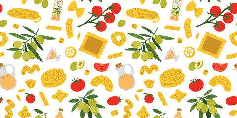 Obraz premium Seamless Italian food pattern with pasta, olives, tomatoes, olive oil. Flat vector illustration.