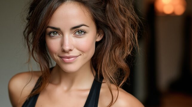 Jeune femme brune souriante aux yeux verts en tenue noire
