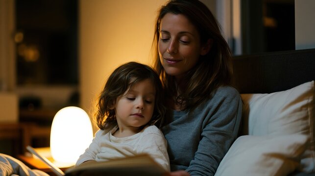 Une m&egrave;re lit une histoire &agrave; son enfant blotti contre elle le soir