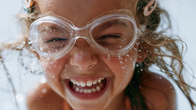 Petite fille riante avec lunettes de natation couverte d'&eacute;claboussures
